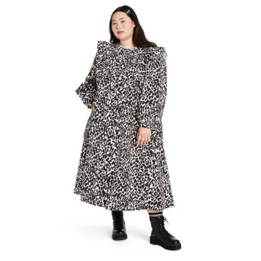 Sandy Liang x Target Long Sleeve Ruffle Midi Leopard Print Dress - Size 4X
